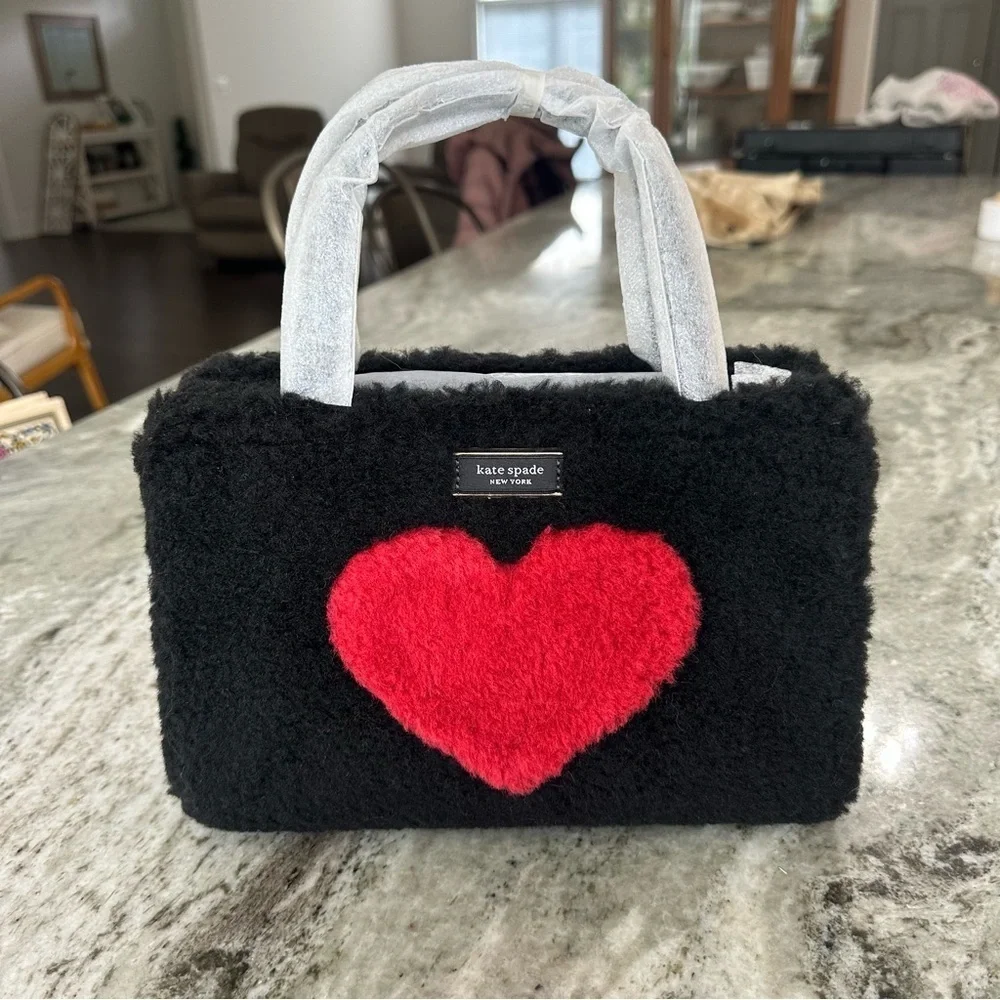 NEW Kate Spade Sam Icon Intarsia Heart Faux Shearling Small Tote